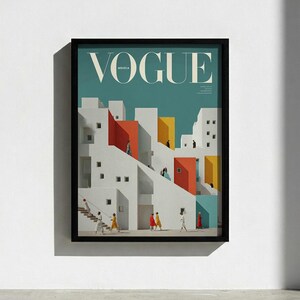 Pu&ograve; includere: Una stampa artistica da parete incorniciata che presenta un'illustrazione stilizzata di edifici bianchi con accenti rossi e gialli su un cielo verde acqua. La parola VOGUE &egrave; stampata in grandi lettere bianche in alto. Piccole figure colorate.