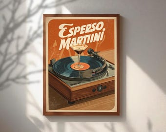 Retro Espresso Martini Poster, Vintage Bar Cart Wall Art, 70s Vinyl Record Player Canvas,Cocktail Illustration,Trendy Mid Century Bar Decor