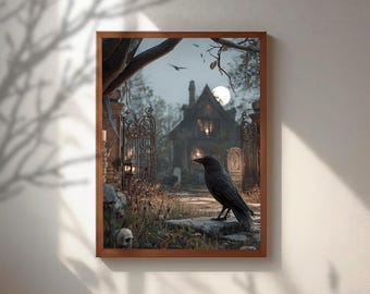 Gothic Crow Wall Art, Moody Cemetery Canvas Print, Dark Academia Decor, Spooky Halloween Poster, Haunted House Art, Witchy Home Decor Gift