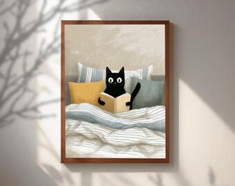 Cute Black Cat Reading Book Poster, Cozy Bedroom Wall Art, Whimsical Cat in Bed Print, Aesthetic Neutral Tone Art, Gift for Book Lover