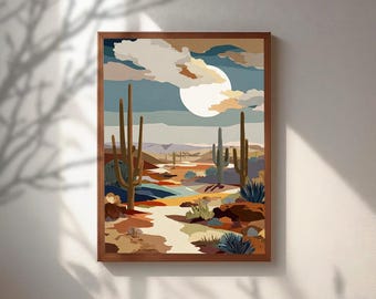Paisaje desértico moderno de mediados de siglo, arte mural de cañón estilo boho, decoración texturizada del suroeste, lámina abstracta de cactus saguaro, arte para el hogar en terracota