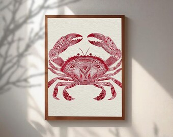 Red Crab Linocut Print, Coastal Wall Art, Nautical Block Print Poster, Beach House Decor, Cancer Zodiac Gift,