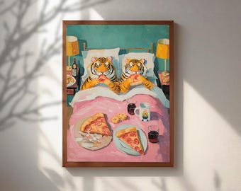 Divertidos tigres comiendo pizza en la cama, póster de animales excéntrico, decoración maximalista para la pared del dormitorio, estampado de tigre peculiar, regalo colorido para amantes de la pizza