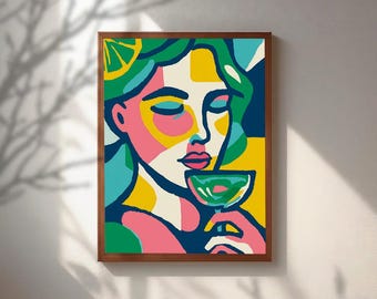 Arte abstracto de mujer en un cóctel para pared, lámina de retrato fauvista a color, decoración moderna para carrito de bar, póster de rostro femenino vibrante, regalo de arte ecléctico para el hogar.