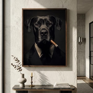Sofisticado perro negro con traje y cigarro, cuadro en lienzo, decoración de pared de perro jefe de la mafia, arte de gran danés, decoración de oficina masculina, arte de pared para cueva de hombre