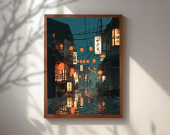 Pintura al óleo de una calle lluviosa de Japón, arte mural de un paisaje urbano melancólico de Tokio, lámina de una noche con farolillos japoneses, decoración con estética cyberpunk, póster de una ciudad asiática