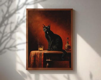 Black Cat Smoking Poster, Vintage Whiskey Cat Wall Art, Dark Academia Canvas Print, Moody Eclectic Bar Decor, Funny Antique Animal Painting