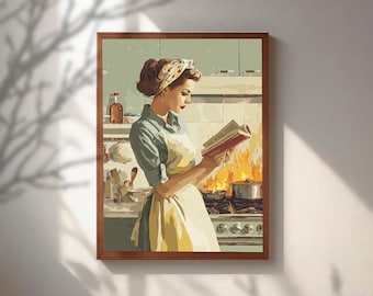 Arte de pared de ama de casa retro leyendo un libro en una cocina en llamas, decoración divertida de cocina moderna de mediados de siglo, regalo para mujer sarcástica, póster vintage