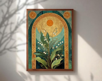 Quadro Art Nouveau con mughetto, stampa botanica vintage dorata, poster floreale ispirato ad Alphonse Mucha, decorazione estetica verde smeraldo