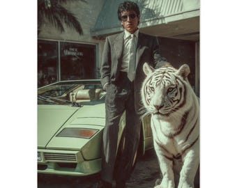 Arte mural con estética retro de la mafia de los 80, póster de hombre con tigre blanco y coche exótico, decoración al estilo Miami Vice, lámina vintage de gánster synthwave.