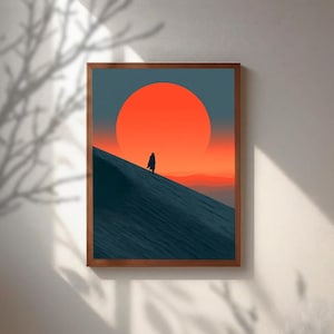 Affiche de science-fiction Desert Wanderer, art mural minimaliste sur les dunes, impression rétro futuriste coucher de soleil, grande toile orange soleil, cadeau science-fiction pour petit ami