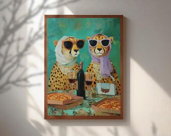 Funny Cheetah Poster,  Cheetahs Drinking Wine Print, Retro Animal Kitchen Decor, Trendy Pizza Wall Art, Quirky Best Friend Gift