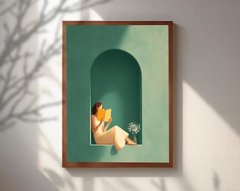 Arte de pared minimalista de una mujer leyendo, póster verde salvia para amantes de los libros, ilustración editorial vintage de una mujer leyendo en un rincón junto a la ventana.