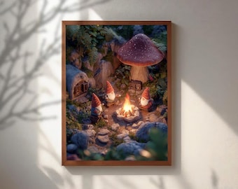 Gnomos de jardín y fogata, arte mural de bosque caprichoso, decoración de hongos de fantasía, lámina infantil estilo cottagecore, póster acogedor de cuento de hadas del bosque