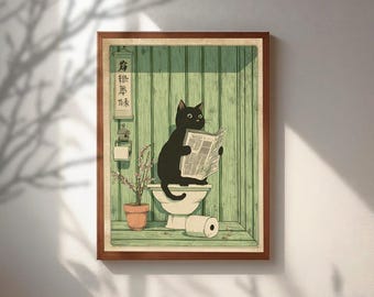 Funny Bathroom Wall Art, Black Cat Reading Newspaper Poster, Ukiyo e Japanese Cat Print, Retro Toilet Humor Decor, Cute Emerald Green Art