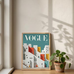 Pu&ograve; includere: Una stampa incorniciata raffigurante un'illustrazione stilizzata di edifici geometrici bianchi, rossi e gialli con scale e piccole figure. La parola VOGUE &egrave; stampata in grandi lettere maiuscole bianche nella parte superiore su uno sfondo verde acqua.
