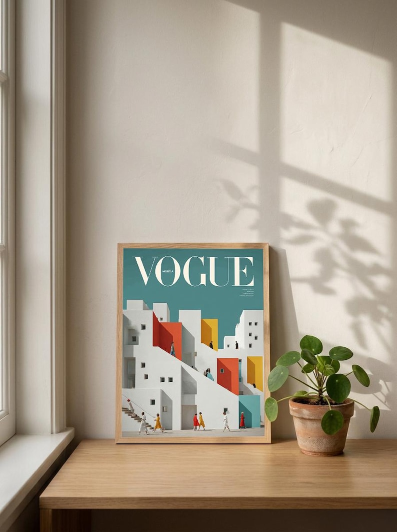 Pu&ograve; includere: Una stampa incorniciata raffigurante un'illustrazione stilizzata di edifici geometrici bianchi, rossi e gialli con scale e piccole figure. La parola VOGUE &egrave; stampata in grandi lettere maiuscole bianche nella parte superiore su uno sfondo verde acqua.