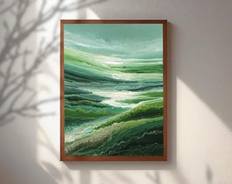 Arte mural abstracto de paisaje verde, impresión de pintura de naturaleza verde salvia, póster moderno texturizado de mar y colinas, decoración de oficina zen,