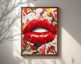Red Lips Wall Art, Abstract Pop Art Lips Canvas Print, Gold Leaf Street Art Poster, Glam Makeup Room Decor, Textured Red Lips Oil Painting