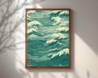 Arte mural de olas japonesas, lámina de surfista estilo Ukiyo-e, póster de pintura de olas del océano, decoración costera en color turquesa, arte inspirado en la Gran Ola, regalo náutico