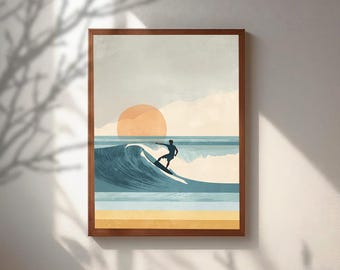 Minimalist Surfer Poster, Mid Century Ocean Print, Coastal Wall Art, Surfboard Wave Illustration, Boho Beach House Decor, Neutral Tone Art