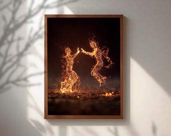 Arte mural de amantes de la llama eterna, impresión abstracta de pareja bailando sobre el fuego, póster romántico etéreo de almas gemelas, decoración moderna de espíritu brillante,
