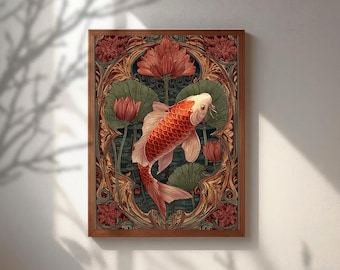 Art Nouveau Koi Fish Poster, Vintage Lotus Flower Wall Art, Mucha Style Canvas Print, Japanese Koi Fish Painting, Maximalist Home Decor Gift
