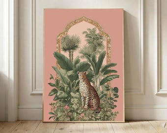 Leopard  Pink Wall Art, Vintage Jungle Chinoiserie Poster, Tropical Botanical Canvas Print, Indian Mughal Arch Decor, Exotic Leopard Print