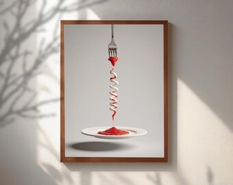 Modern Kitchen Wall Art, Surreal Food Poster, Minimalist Red and White Spiral Canvas Print, Creative Dining Room Decor, Unique Foodie Gift