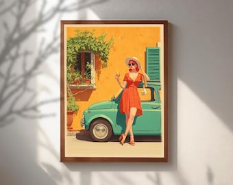 Póster vintage italiano de verano, arte mural de La Dolce Vita, lámina retro italiana, decoración de la costa de Amalfi, arte del Fiat 500, póster de viaje moderno de mediados de siglo