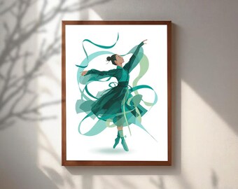 Chinese Dancer Poster, Emerald Green Wall Art, Dynamic Ribbon Dance Print, Asian Woman Illustration, Modern Ballerina Art,