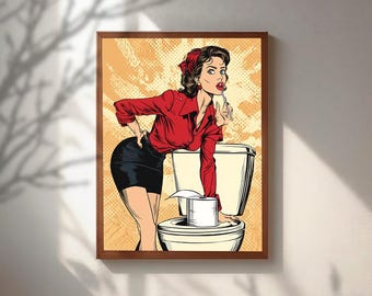 Funny Bathroom Wall Art, Pop Art Comic Poster, Vintage Pin Up Girl Print, Retro Restroom Decor, Humorous Toilet Paper Art,
