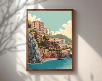 Vintage Amalfi Coast Poster, Mediterranean Travel Wall Art, Italian Riviera Canvas Print, Pastel Coastal Decor, Retro Seaside Landscape Art