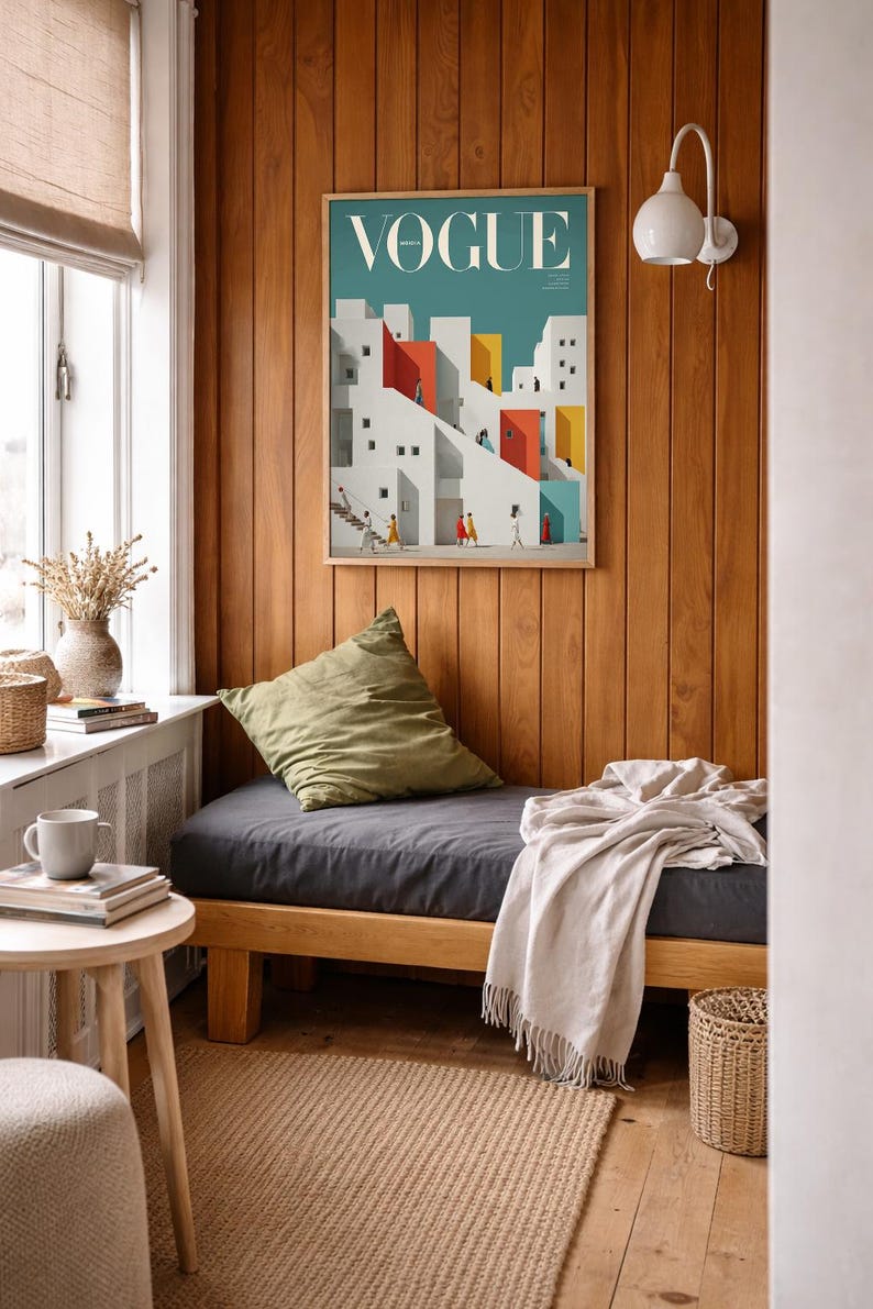 Pu&ograve; includere: Una stampa artistica da parete incorniciata che presenta una copertina della rivista Vogue con un'illustrazione stilizzata di edifici geometrici bianchi, rossi e gialli su sfondo verde acqua, con piccole figure che camminano su scale e sentieri.