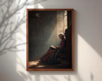 Arte mural de estilo Dark Academia, cuadro vintage de una mujer leyendo con aire melancólico, decoración de biblioteca victoriana, lámina con estética de la alta sociedad, póster de retrato antiguo