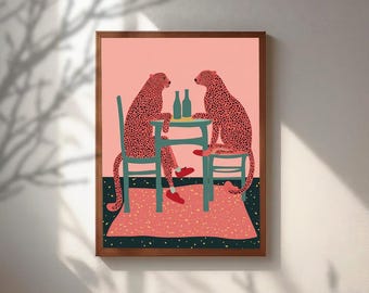 Funny Leopards Cafe Poster, Quirky Pink Wall Art, Trendy Kitchen Decor, Whimsical Animal Print, Unique Pastel Bar Cart Decor, Gift For Her