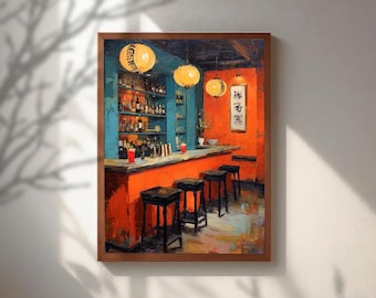 Vintage Izakaya Oil Painting, Japanese Bar Cart Wall Art, Moody Orange and Teal Poster, Retro Cocktail Lounge Print, Eclectic Kitchen Decor