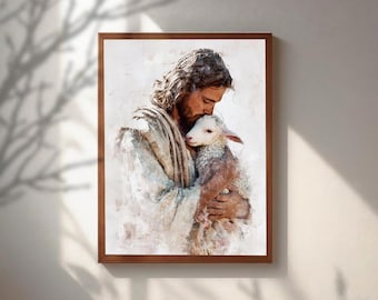 Cuadro de Jesús sosteniendo un cordero, pintura del Buen Pastor, decoración cristiana para el hogar, lámina con retrato de Jesucristo, póster de regalo religioso espiritual.