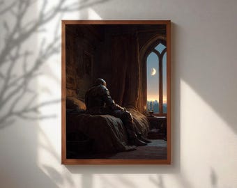 Cuadro de un caballero con armadura descansando, arte mural de fantasía medieval, decoración gótica Dark Academia, lámina con vista de un castillo a la luz de la luna, póster de un caballero melancólico
