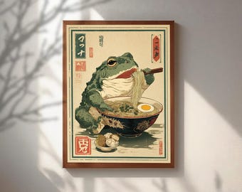Cuadro decorativo japonés de una rana comiendo ramen, póster vintage de sapo Ukiyo-e, decoración de cocina original, lámina con un lindo animal comiendo un tazón de ramen, regalo para amantes de la comida asiática.