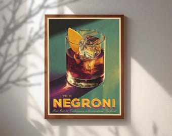 Poster vintage del cocktail Negroni, quadro su tela con carrello bar retrò, stampa di cocktail di metà secolo, decorazione trendy per la cucina, arte a tema alcolico