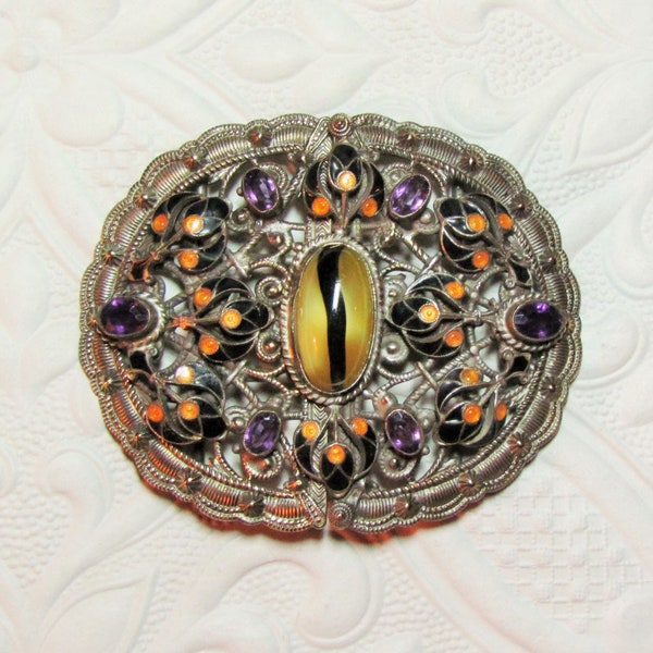 Antique jeweled and enameled belt buckle with art glass cabochon, c.1900 clasp style woman's belt buckle