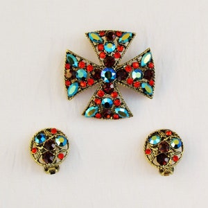 Vintage Maltese cross pin and earrings set, c.1960&#39;s brooch and clip earrings set
