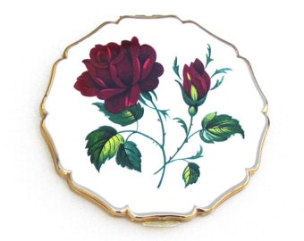 Vintage Stratton compact with red roses in enamel on lid