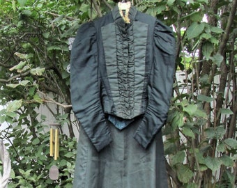 1890's 2 piece silk dress, Victorian bodice and skirt, dark green
