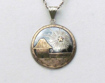 Vintage 12K/900 silver pendant on sterling chain, gold and silver El Salvador pendant