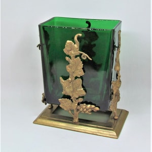 Vintage Napco green glass vase in heavy brass holder with grape vine motif