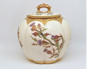 Royal Worcester biscuit jar, hand painted cracker jar made in 1889