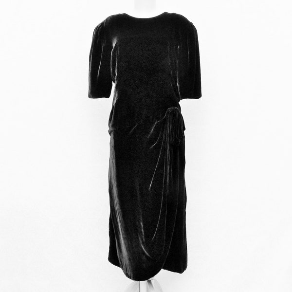 Vintage black silk velvet dress, dropped waist dress with low back and back bow