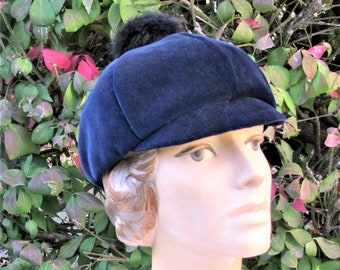 Vintage navy blue velvet cap with black fur pom pom